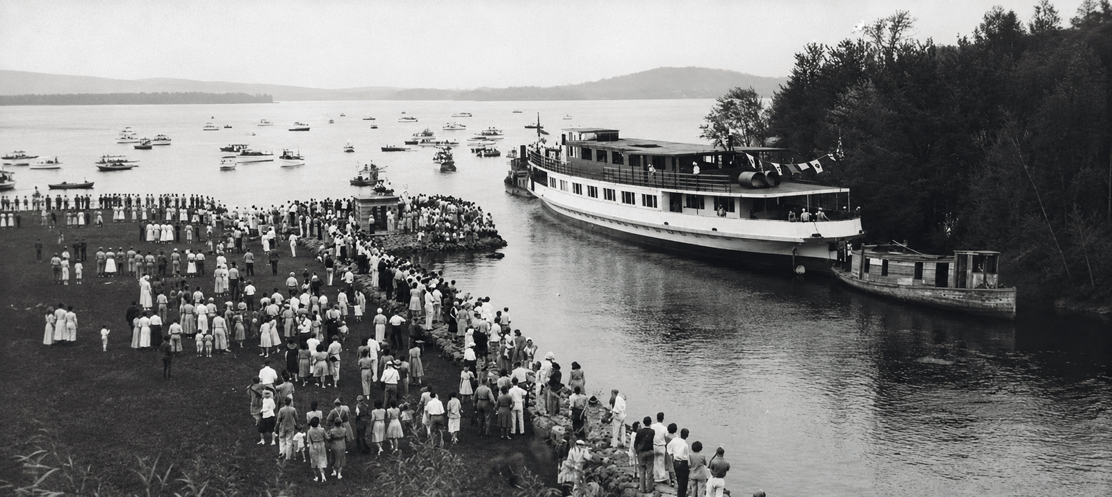 Vintage lakeside event with steamboat